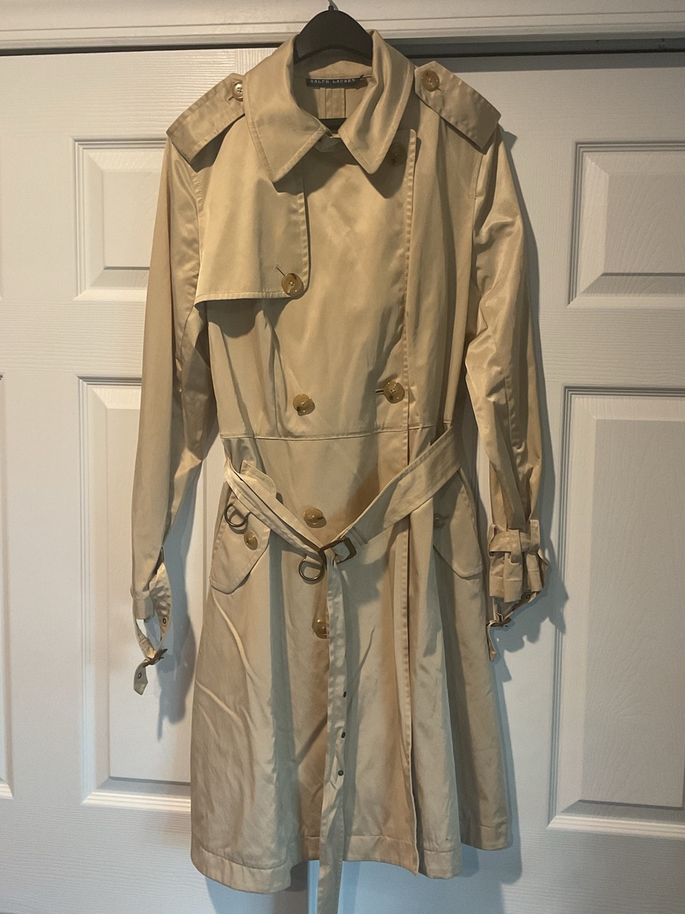 Ralph Lauren Vintage Beige Tan Nylon Sheen Trench Coat Dress Jacket Y2K sz 10